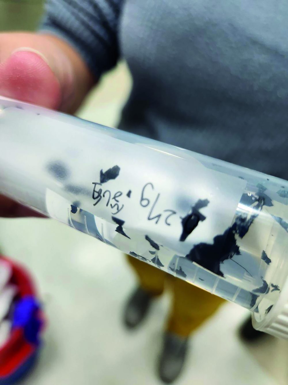 A test tube of PLA fragments from our research lab, material in the process of being broken down by trained microbe cultures